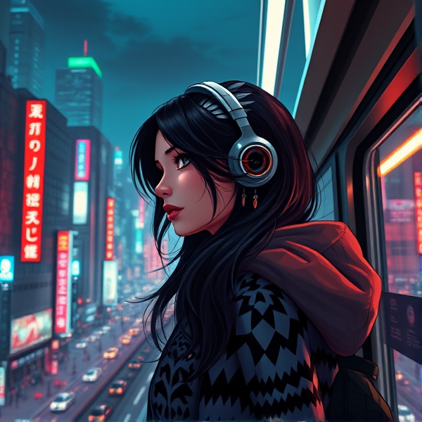 Create a 3D digital illustration featuring a Native American girl with flowing ebony hair, adorned in small tribal feather earrings. She's equipped with high-tech, conceptually designed headphones and sports a tribal-patterned hoodie (hood lowered) that hints at her heritage. As she glances back at us with a sultry, knowing gaze, desire in her eyes, she exits an underground subway station on the street level on the right side into an expansive, bustling night-time cityscape reminiscent of "Akira" or cyberpunk Tokyo. The metropolis should be filled with a myriad of vibrant neon Japanese holographic signs. At the top of this futuristic panorama, the words "ASTAUDIA PRODUCT" should be emblazoned in neon chrome using a retro-futuristic font.