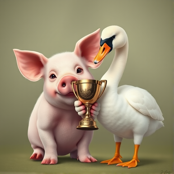 A cute pig and a baby swan holding a trophy