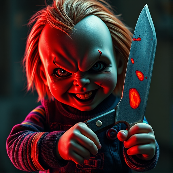 Chucky, la terrifiante poupée animée du classique d'horreur, arborant un sourire sinistre et malfaisant, vêtu de ses vêtements bigarrés originaux déchirés et élimés par d'innombrables confrontations morbides, brandissant fièrement son couteau de prédilection couvert de stigmates rougeoyants suggérant des actes récents, sous un éclairage dramatique avec des ombres accentuées mettant en exergue les traits torturés de son visage blafard aux yeux injectés de sang et malicieux, dans un effet photographique hyperréaliste avec une qualité professionnelle de haut niveau