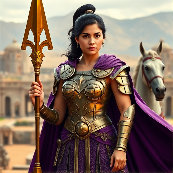 Reyna Avila Ramirez-Arellano, the valiant and revered praetor from "Percy Jackson & The Olympians," clad in authentic Roman battle armor, her stature exuding authority. A majestic purple cape cascades behind her as she surveys Camp Jupiter with a poised and commanding presence. In her grip is a gleaming golden spear that reflects her status, while Scipio, her faithful pegasus, stands vigilantly at her side. They are framed by the camp's imposing structures and California's undulating hills in the distance. Reyna's dark hair is styled into an efficient ponytail, highlighting her face which bears an unwavering expression of leadership and resolve.
