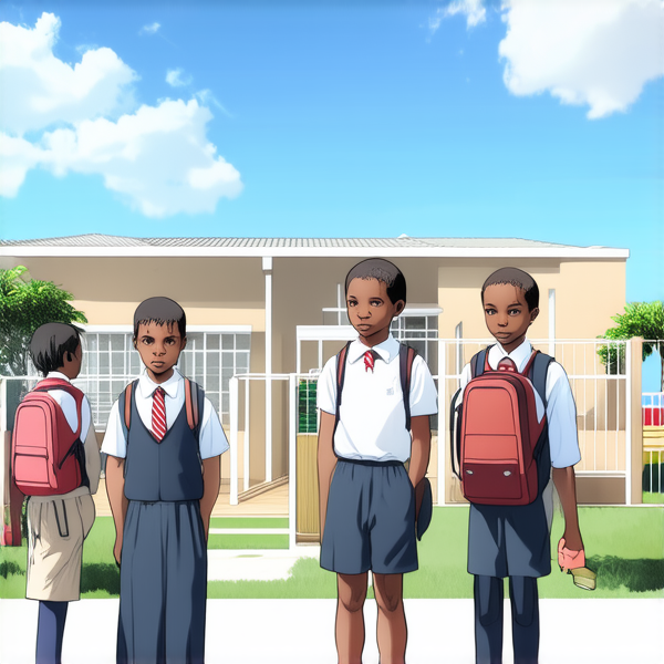 bâtiment d'une école primaire traditionnelle avec cours de récréation, enfants noirs africains en uniforme scolaire chemise blanche et pantalons bleu marine avec des cartables