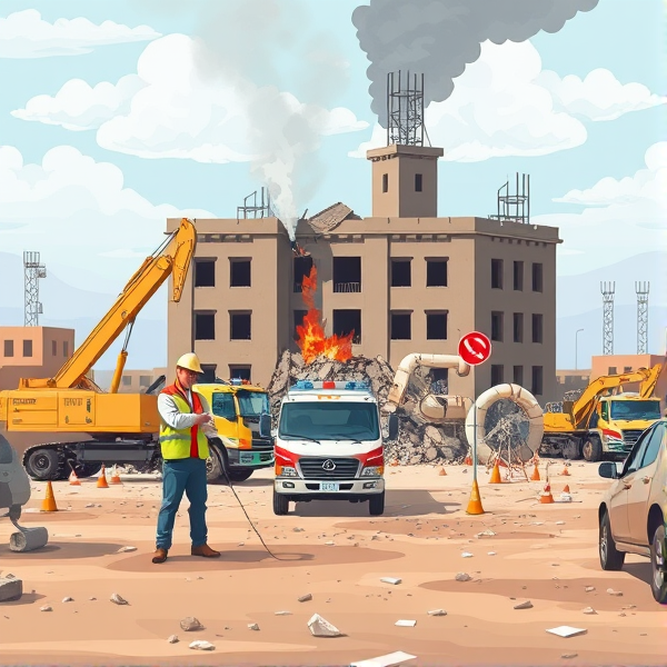 Asbestos assessor troubleshooting a job site whereby and Asbestos lines building has been bred by fire and collapsed to ground within the photo excavators and trucks and a water truck hosing down the Asbestos on the ground. Asbestos deploy his air monitoring pumps.