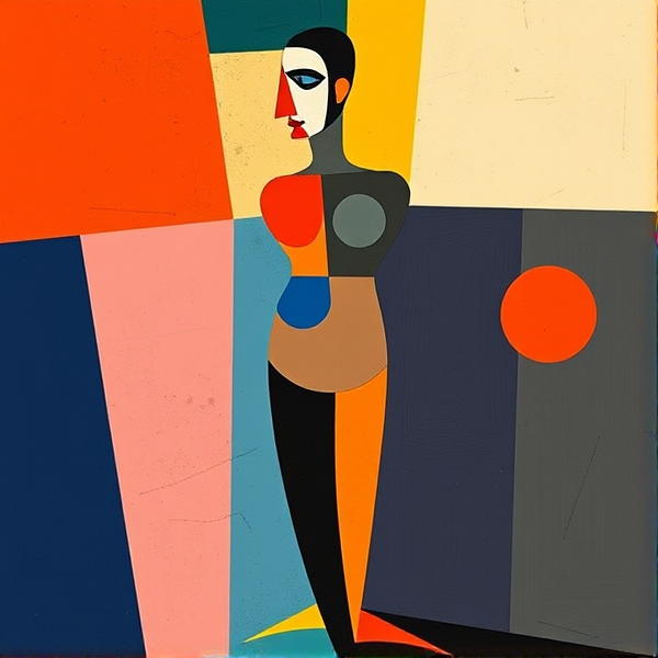 Prompt: Illustration à la manière de Picasso avec des formes géométriques marquées et des couleurs vives, mettant en scène une figure humaine abstraite dans le style cubiste