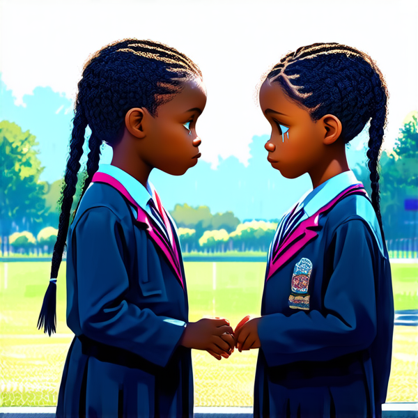 deux jeunes filles de huit ans portant des tresses africaines noires et des uniformes scolaires se tenant face à face dans une cour d'école, les yeux humides de larmes et l'air bouleversé alors qu'elles sont en pleine dispute