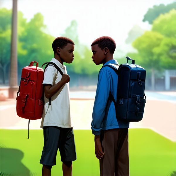 deux garçons noire agés de 12 ans avec des cartables dans la cour d'un collège