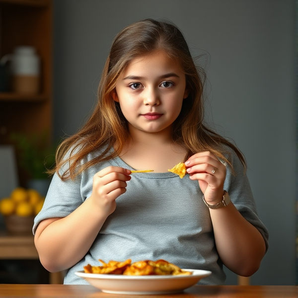 Adolescente de 15 ans en surpoid en train de manger ou on voit tout le corps fille