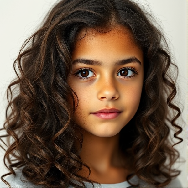 A 15 old girl with long naturally super curly dark brown hair, short eyelashes,  brown eyes, medium natural curved eyebrows, medium natural thick lips, slight tan skin, slight natural blush. In realism