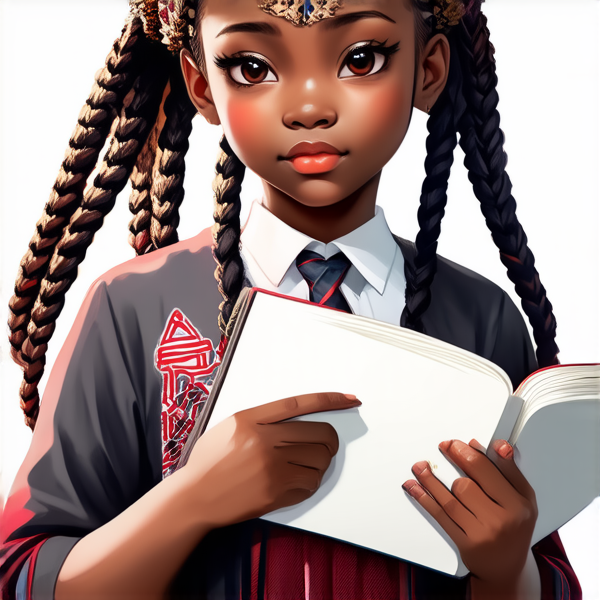 ecoliere en robe agée de 6ans noire avec des tresses africaines tenant un cahier dans ses mains