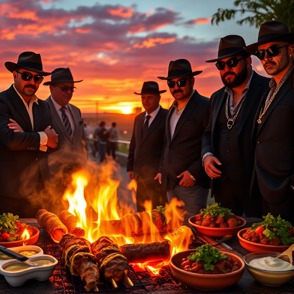 Un barbecue animé bourdonnant d'énergie, avec des gangsters stylisés et charismatiques vêtus de costumes sombres sur mesure, se distinguant par leur élégance. Ils arborent une posture décontractée, les bras croisés ou les mains dans les poches, émanant un air de confiance tout en se tenant debout près d'un grill flamboyant. Sur ce dernier, reposent des brochettes de viande juteuse copieusement assaisonnées aux épices mexicaines, dont l'arôme piquant se mélange à la fumée qui s'élève sous l'intensité des charbons ardents. Les bijoux sont d'une sophistication extrême : or massif finement ouvragé comportant des motifs traditionnels mexicains incrustés avec maestria, notamment des calaveras souriantes et des fleurs exubérantes et colorées gravées minutieusement dans le métal précieux. Ces parures ornent fièrement leurs cous et poignets, ajoutant un contraste saisissant sous le ciel spectaculairement embrasé par les couleurs vibrantes d'un coucher de soleil au Mexique où s’entremêlent teintes pourpre, orange brûlé et rose tendre. Des flammes vivaces jaillissent du barbecue comme pour danser au rythme de la soirée qui commence, crépitant joyeusement tout en projetant une lueur chaude et accueillante sur les visages concentrés mais détendus des gangsters qui surveillent attentivement la cuisson à la perfection. À portée de main se trouve un assortiment luxuriant de sauces mexicaines faites maison - guacamole onctueux à la couleur vert tendre agrémenté de coriandre fraîche hachée, salsa piquante rouge vermillon avec ses morceaux de tomates juteuses et oignons croustillants, ainsi que verde acidulée garnie généreusement de piments verts finement coupés - présentées dans des bols en terre cuite authentiques aux motifs peints à la main, évoquant l'artisanat traditionnel local. Leur palette chatoyante tranche magnifiquement contre le bleu indigo du ciel nocturne naissant. Comme touche finale d'une élégance incontestablement 'gangster chic', une chaîne en or massif parsemée avec opulence de diamants scintillants ajoute un éclat somptueux à cette atmosphère festive; tandis qu'à leurs poignets scintillent des montres luxueuses en or incrustées de pierres précieuses capturant et reflétant les derniers rayons chauds du soleil couchant.