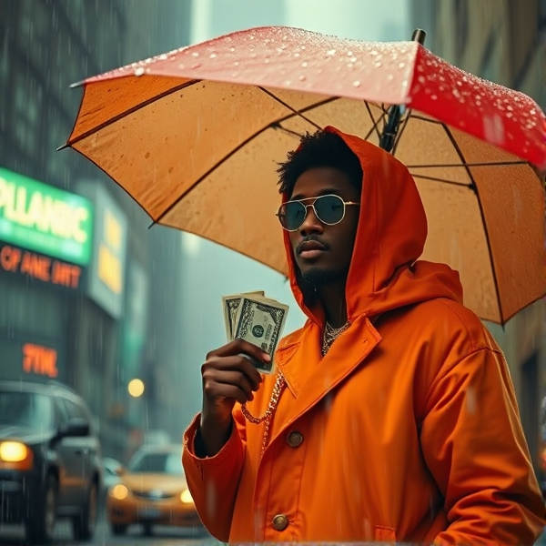 Playboi Cardi holding an umbrella while it rain money