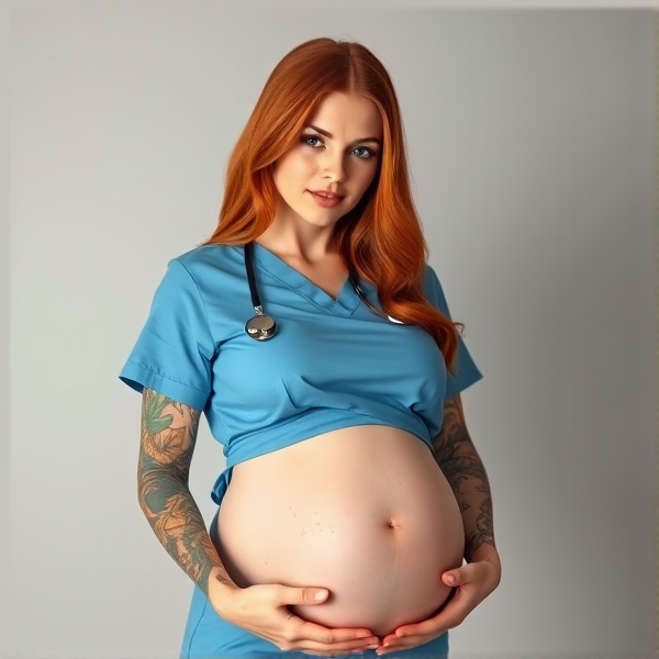Portrait of a stunning woman dressed as a nurse with form-fitting scrubs that accentuate her large pregnant belly, featuring intricate tattoos on her arms, and with luscious auburn hair cascading down her shoulders