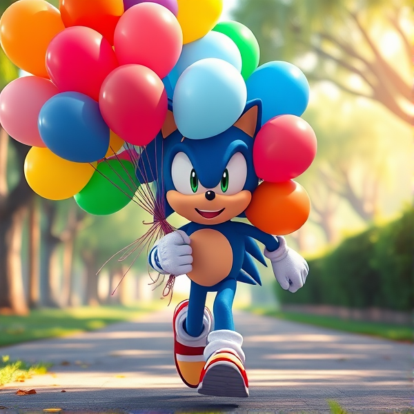 Sonic the hedgehog, holding big bunch of many colorful 16 inch balloons bouquet, running, park, anime style