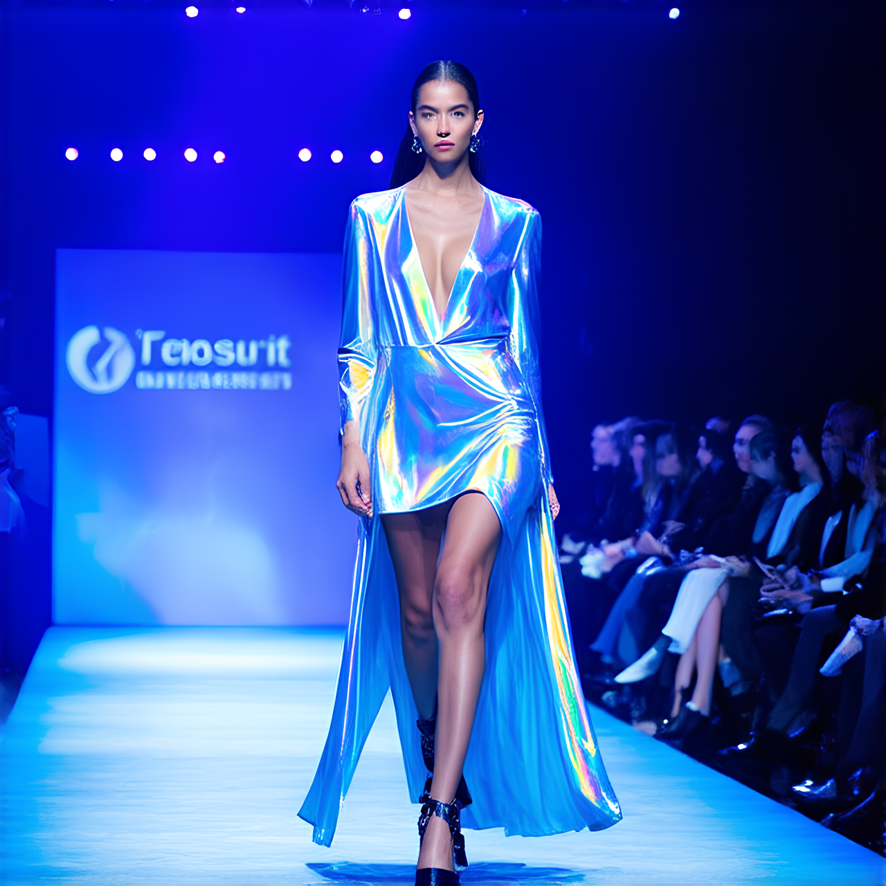 Un défilé de mode futuriste avec des mannequins élégants portant des vêtements et accessoires avant-gardistes intégrant subtilement des technologies de pointe. Imaginez des montres intelligentes qui s'intègrent parfaitement à la peau, affichant les signes vitaux de manière discrète, des lunettes de réalité augmentée offrant une interaction holographique immersive, et des vêtements en fibre optique dont la lumière change selon l'émotion du modèle. Le podium est baigné dans une lumière néon vive, avec un public en admiration devant le spectacle technologique. Recherchez une qualité hyper-réaliste, avec un éclairage dynamique qui souligne les innovations technologiques et met en évidence la texture riche des tissus. La vue est frontale et légèrement en hauteur, donnant l'impression d'être au premier rang d'un défilé de haute couture futuriste.