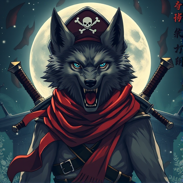 Loup roublard maitre de la lune avec un écharpe rouge autours du cou et avec deux épées dans le dos et avec chapeau pirate sur la tête