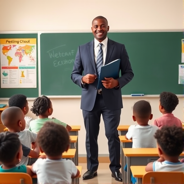 Directeur d'école afro-américain debout tenant un classeur dans ses mains portant un costume formel, dans une salle de classe avec un tableau vert, s'adressant  à un groupe d'élèves afro-américaines attentives de huit ans assises à leurs pupitres. Ils sont entourés de matériel pédagogique adapté à leur âge, comme des cartes géographiques, des affiches éducatives et des dessins d'enfants accrochés aux murs. La scène dégage une atmosphère chaleureuse et encourageante.