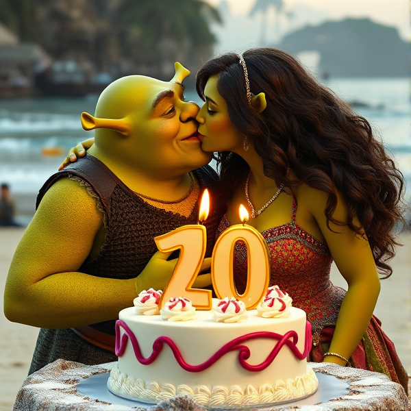 Shrek and ogre Fiona kiss behind a wedding cake with the number 20 candle on the beach