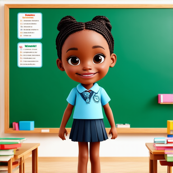 jeune fille noire de 10 ans, vêtue d'un uniforme scolaire des tresses africaines, debout souriante et concentrée devant un tableau noir rempli de regles d'orthographe en français  dans une salle de classe ensoleillée et colorée avec des bureaux en bois et des affiches éducatives sur les murs