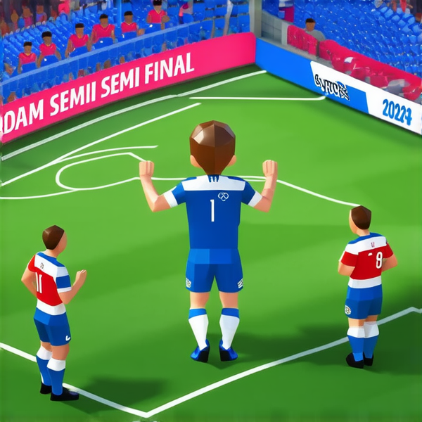 scène dynamique de demi-finale olympique de football avec l'équipe de France célébrant un but, stade plein à craquer, éclairage vif, fans en liesse, drapeaux français flottants, joueurs en tenue officielle de l'équipe de France 2024