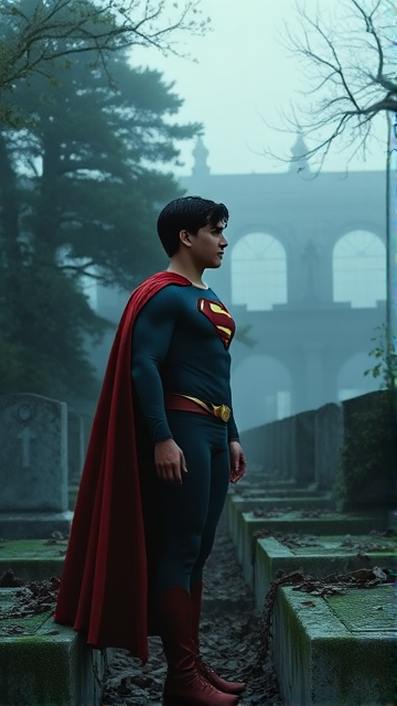 1990's Movie Scene: Jon Kent, AKA Superboy, the young little 12-year old super son of Superman, and the first kid to be born as the world's first Half-Kryptonian child, with an extremely muscular body, the iconic costume, the singular curled bang sticking out at the front of his flat and smooth hair, and a long cape, standing in a graveyard, visiting the grave of his legendary, deceased father, and promises to take his place in the world and carry on his legacy through himself.