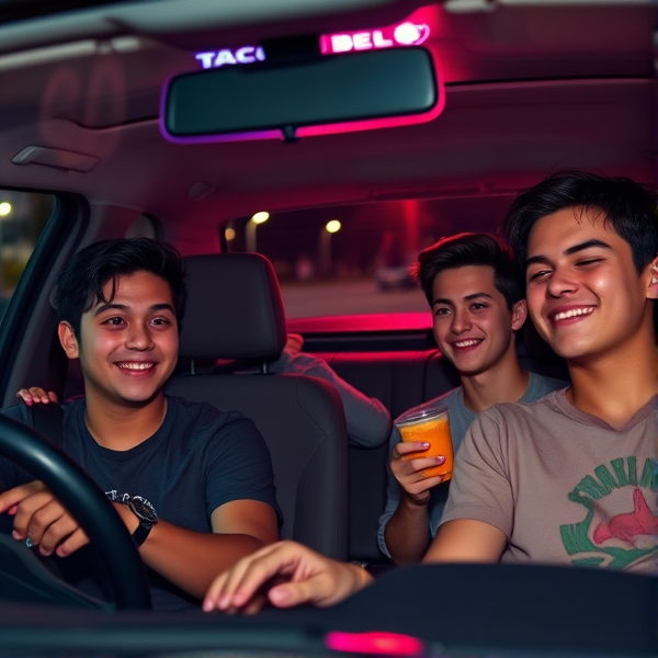Four youthful college students exude an aura of relaxation and carefree spirit as they lounge inside a vehicle bathed in the soft neon glow from a Taco Bell sign at night. The car is filled with a gentle haze, with whisps of smoke that are softly highlighted by the ambient illumination of the dashboard's subtle light. Their eyes gleam with a reddish hue, glossy and slightly closed in a display of their lighthearted escapade. In the driver's seat sits a 20-year-old Filipino man, short-haired with an effortless grin, his hands draped nonchalantly over the steering wheel. To his right, occupying the passenger seat, is another Filipino male of the same age, featuring long hair swept back into a tidy bun - his expression relaxed into half-closed eyes as he shares in laughter over an intimate jest. Behind them to the left, a white male peer with unkempt dark brown locks cascading over his brow leans into the conversation from between the front seats. Next to him is a woman, also 20 years old; her striking blonde hair and sharp blue eyes set her apart as she reclines against her seatback, one hand idly suspended out of her marginally open window while she observes the nocturnal foot traffic. They all revel in companionship amidst exchanging tales and chuckles whilst partaking in late-night fast food under the starlit sky.