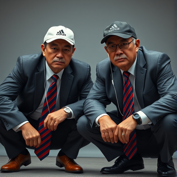 Deux  différents hommes d'affaires japonais puissants mature  accroupis et faché  portant des casquettes Adidas  et des cravates rayées longues  bleue rouge et oreillettes Apple 
Ils sont complices et conquérants , ils dominent 
 , accroupis pas trop et regard fort
