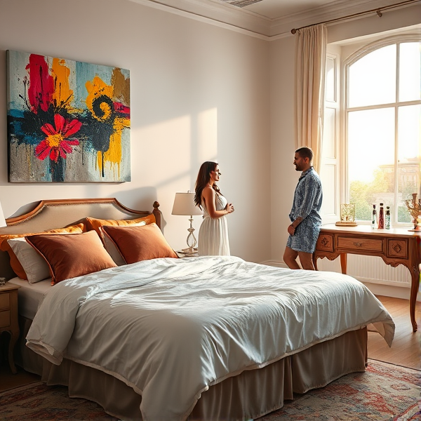Chambre lumineuse avec lit queen-size et draps de soie, coussins en velours, mur décoré d'une toile abstraite colorée, une femme en robe de nuit et un homme en pyjama discutant. Grande fenêtre avec vue sur l'aube, rideaux légers, coiffeuse ancienne avec flacons de parfum.