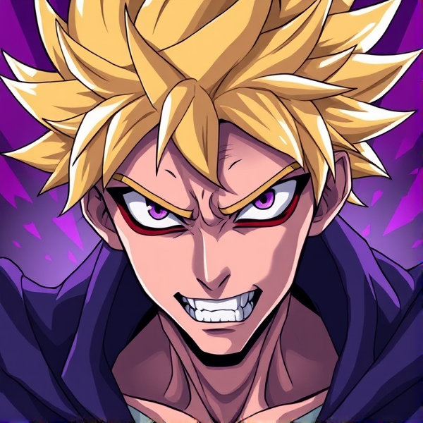 Create a highly detailed image in the style of "My Hero Academia" featuring an original male character around 15 years old, who exudes a palpable sense of malevolence. He should have vibrant, spiky, jagged blonde hair that embodies his evil nature. His piercing purple eyes should radiate malicious intent.