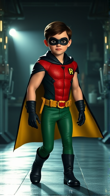 Movie Scene: A medium, preteen 12-year old boy with light skin and dark brown hair named Connor Bardley, but dressed as Robin, The Boy Wonder, with an extremely muscular body, a sleek green suit with a red torso with a black circle with a yellow R symbol on his left pectoral, a gold utility belt, black boots, black long-cuffed gloves, a really big, heel-length long, ultra-wide cape around his neck that's black on the outside and yellow on the inside, and a black eye mask. He has a special code: HE DOES NOT KILL. Young 12-year old Connor Bardley, now Robin, The Boy Wonder, is seen walking through a dark laboratory at night, looking for clues to the mystery he is trying to solve.