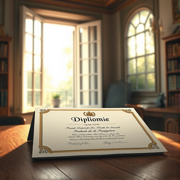 diplôme posé soigneusement sur une table en bois avec l'inscription diplôme lumière douce de matin filtrant par une fenêtre ouverte, ambiance studieuse