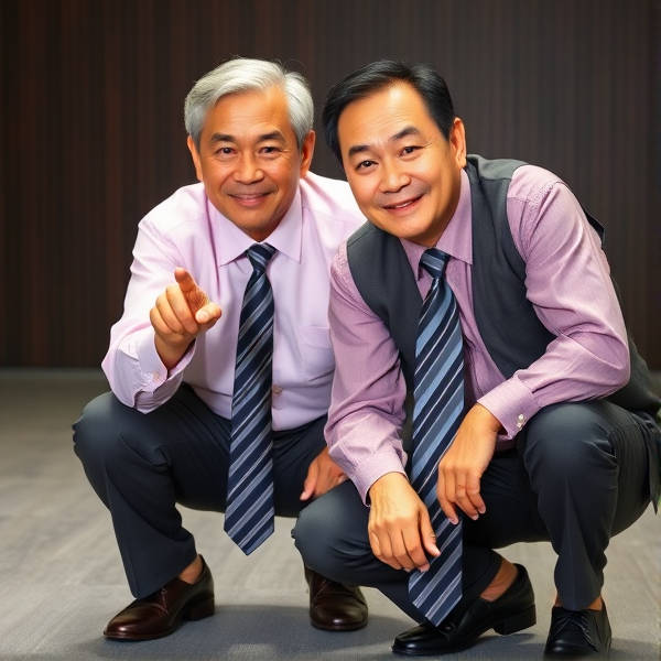 Deux hommes d affaires japonais senior accroupis qui regardent la caméra 
Chemise rose foncée et longue cravate rayée large 
Pointing