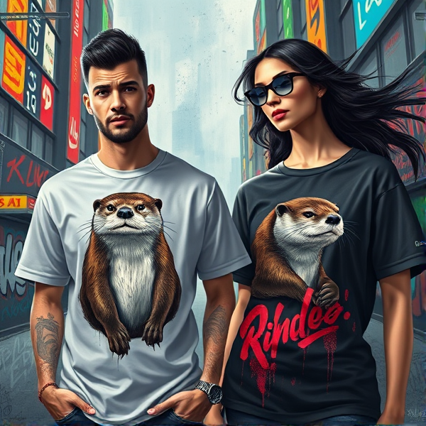 Conception d'une affiche publicitaire pour une collection de t-shirts de la marque La Loutre, des visuels de haute qualité montrant des modèles portant les t-shirts avec des loutres imprimées dans un style moderne et graffiti. Le tout sur un fond urbain dynamique évoquant le streetwear.
