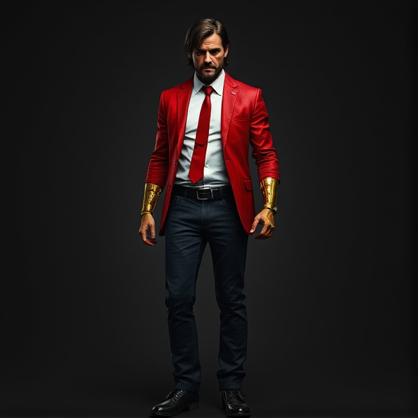 Full body image. John Marston: his skin was now a dark reddish-grey and his cybernetic left arm was now gold. It seems his arms weren’t the only thing that changed, he saw his suit had gotten a complete replacement, by all means it was still his suit (Kevlar and all) but the jacket was red, along with his jeans (although his jeans were a darker shade) and shoes, his belt and shirt were brimstone black, his tie was still red