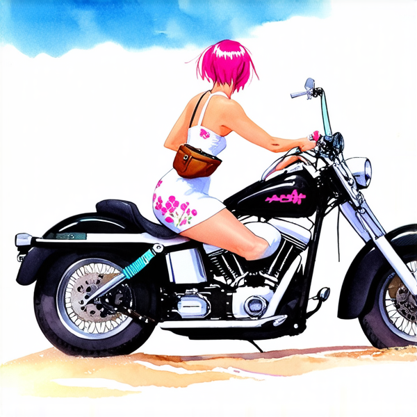 Aquarelle : Femme avec des cheveux rose fuchsia sur une harley noir roule sur le plage. elle porte une robe blanche à grosse fleur rose layette et un sac banane à main en cuir marron lanière rose et bleu et vert porté en bandoulière