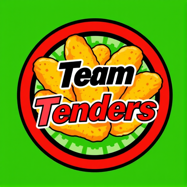 Créez un logo circulaire et dynamique pour un club de football fictif appelé Team Tenders. Le design doit incorporer une image stylisée et appétissante de tenders de poulet bien dorés et croustillants, comme s'ils sortaient tout droit d'une friteuse. Les tenders doivent être intégrés harmonieusement dans le logo, créant ainsi une connexion visuelle avec le nom du club. Utilisez des couleurs vives mais pertinentes pour le thème du football et de la restauration rapide, telles que le vert gazon vibrant pour évoquer un terrain de foot, le rouge tomate éclatant ou même le jaune doré rappelant la panure croustillante des tenders. Incluez également une typographie audacieuse et moderne qui met en avant le nom "Team Tenders" en superposition ou en interaction directe avec l'illustration des morceaux de poulet. Le tout doit dégager une impression de convivialité, d'énergie et d'esprit sportif tout en restant professionnel et attrayant pour les fans de tous âges.