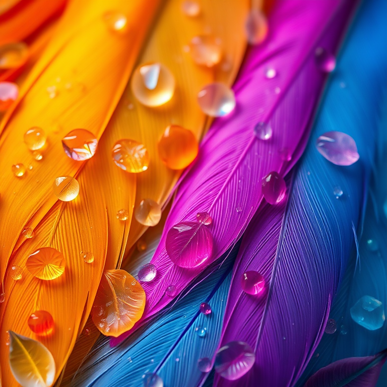Feather wallpaper, colorful leaves scattered in groups, delicate light, bioluminescence, advanced colors, macaroon colors, transparent high-definition dew, clear leaf veins, realistic photography, Nikon, soft and bright colors, realistic color scheme, exquisite details, realistic, meticulous details