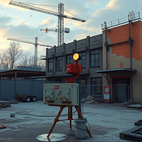 Air monitoring pumps on tripod surrounding the external perimeter of an asbestos removal job site.
