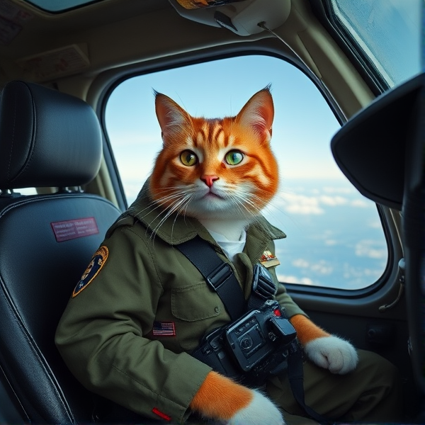 Cat in airforce uniform riding in a chopper
