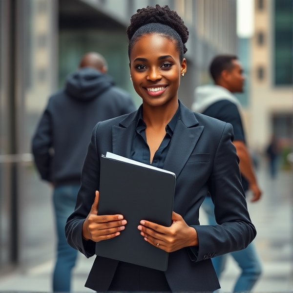 young African woman dressed in a stylish business suit, confidently holding a binder in her hands against an urban backdrop with a man behind her with jean and sweat shirt