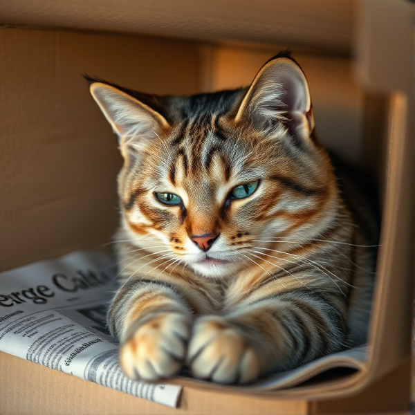 realistic cat who is homeless and sad and woke up in his cardboard box and newspaper under him