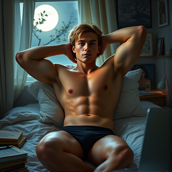 An atmospheric college dormitory, serene and imbued with the soft, silver luminescence of moonlight streaming through an ajar window framed by jasmine flowers. At its heart, a cozy twin XL bed with rumpled cotton sheets and plump pillows forms a sanctuary for a handsome college-aged male lounging in repose. His physique is sculpted akin to Greek statuary, golden locks brushing gently against his brow. Bathed in the lunar radiance, his skin takes on a warm glow as he lies back, hands folded behind his head, showcasing his robust arms and prominent biceps. His torso is well-defined; every muscle contoured perfectly as though he were carved from marble.

His intense gaze meets the camera with depth and intensity, conveying a silent longing that feels intimate and shared. The room around him tells the story of academic life: walls decorated with an array of abstract art pieces and posters of indie music bands speak to cultural tastes. An assortment of literature from diverse genres is scattered about, hinting at scholarly interests. A desk cluttered with study materials sits haphazardly near an aglow laptop—evidence of studious nights.

This young man radiates self-assurance while suggesting untold narratives of romantic escapades. His visage is rendered with lifelike precision, allowing each nuanced expression to subtly convey his innermost feelings and aspirations. Completing this image of effortless charm are form-fitting black boxer briefs that contour to his athletic legs and waist, attracting the eye as potently as the compelling exchange of unspoken allure between him and the observer.