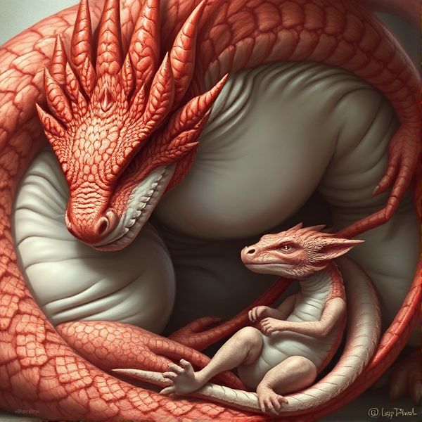A lazy, fat, blobby mother dragon trying to make its baby dragon fat but the baby is refusing the fatty foods and the baby is weak and skinny