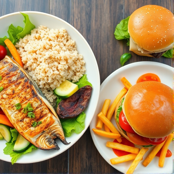 Table dressée avec un repas sain et coloré comprenant des légumes variés, poisson grillé avec des herbes fraîches, accompagné d'un bol de riz complet à côté d'une assiette avec un hamburger gourmet, frites croustillantes et ketchup onctueux