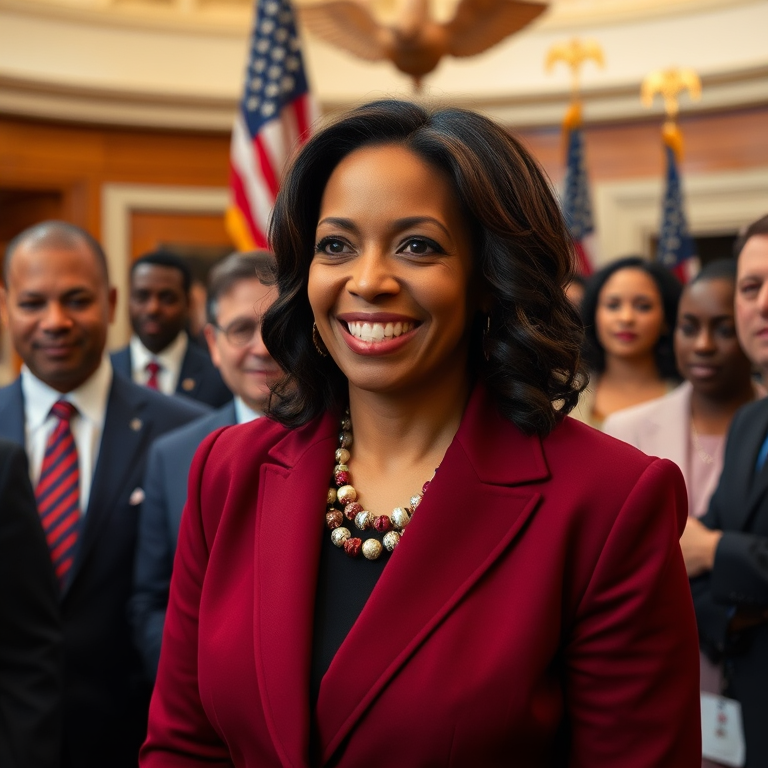 kamala harris in a vibrant, professional setting, smiling confidently, surrounded by diverse people and symbols of American politics
