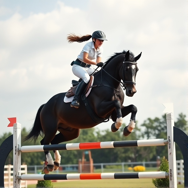 full jump image of a teenager girl jumping a oxer jump on a big black horse with white legs
