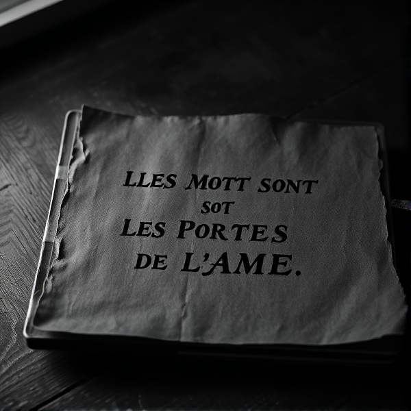Une feuille épaisse et texturée de couleur sombre repose sur une table en bois ancienne, mise en valeur par un éclairage dramatique d'une lumière blanche provenant du côté, créant un jeu d'ombre et de lumière contrasté. Les mots délicatement inscrits sur la feuille avec une écriture cursive élégante et fine sont illuminés par cette lumière, ressortant clairement contre l'obscurité ambiante. L'ambiance générale de l'image est intime et chaleureuse, malgré le choix du noir et blanc qui renforce l'esthétique vintage et le sentiment de nostalgie. La phrase est " LES MOTS SONT LES PORTES DE L'AME"