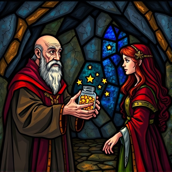 Arthurian jovial bald monk handing a jar of stars to a red haired teenage Arthurian princess in a cave in the style of medieval stained glass