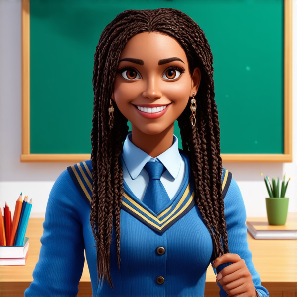 Une  institutrice africaine élégante de 50 ans avec des tresses africaines traditionnelles, vêtue d'un uniforme se tient debout devant un tableau noir dans une salle de classe lumineuse et bien rangée, souriante et prête à enseigner. Elle est entourée d'élèves noirs âgés de 10 ans et de fournitures scolaires typiques comme des livres, des cahiers et des crayons, accentuant son rôle d'éducatrice.