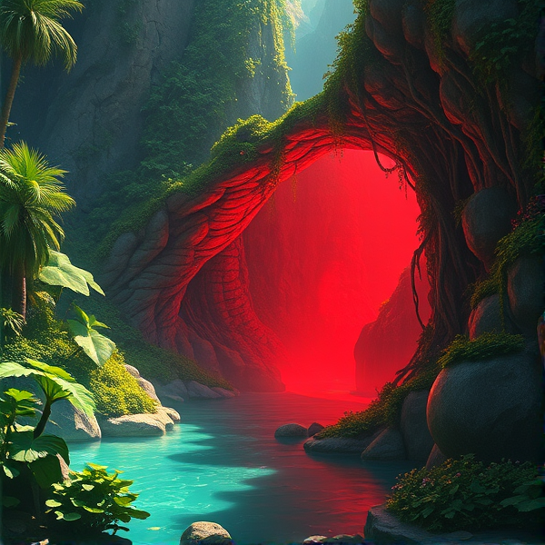 Create an image of a giant hole opening in a lush oasis. The hole must have a red glow coming out
