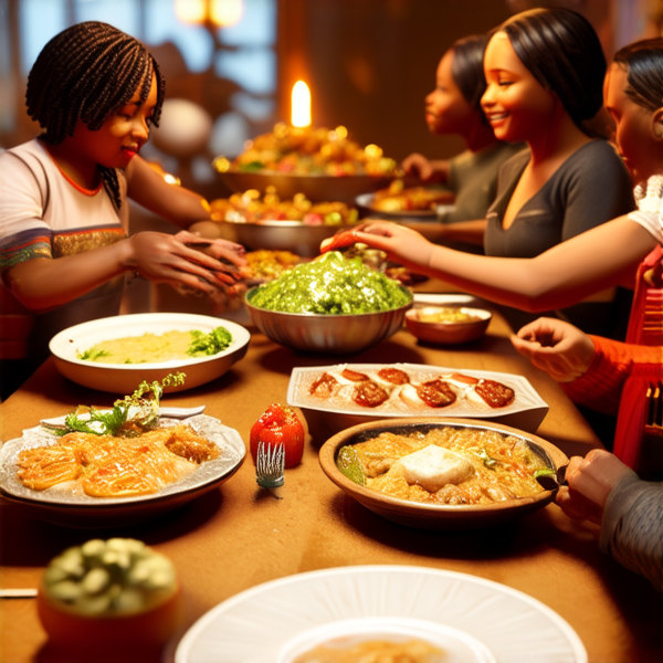 Repas de famille afro-américaine traditionnel, réunis autour d'une grande table avec des plats faits maison typiques