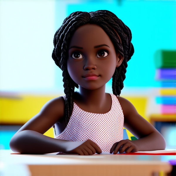 jolie petite fille noire de 8ans en robe avec des tresses africaines assise sur un bureau dans une salle de classe
